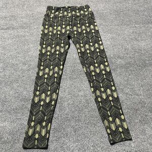 LuLaRoe Leggings Girl One Size Black Green Geometric Print Soft Stretch Yoga